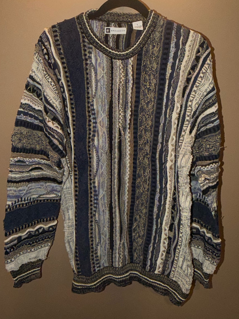 Bachrach Navy and Cream Striped Crewneck Sweater